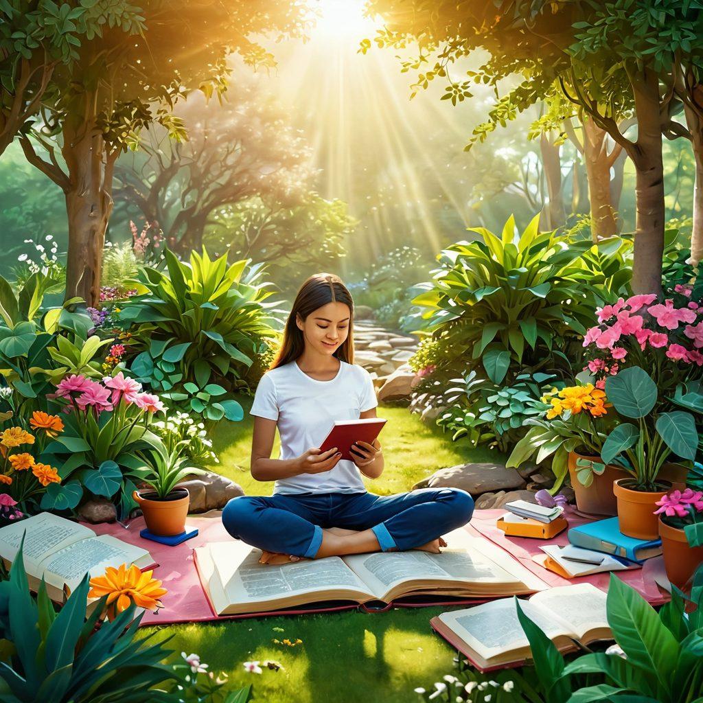 A serene digital landscape featuring diverse individuals engaged with various self-improvement apps on their devices, surrounded by vibrant plants and soothing colors. Illustrate a balance between technology and nature, portraying growth and mindfulness through imagery such as blooming flowers and radiant sunrays. Include elements like open books and meditation spaces to enhance the personal growth theme. super-realistic. vibrant colors. soft background.