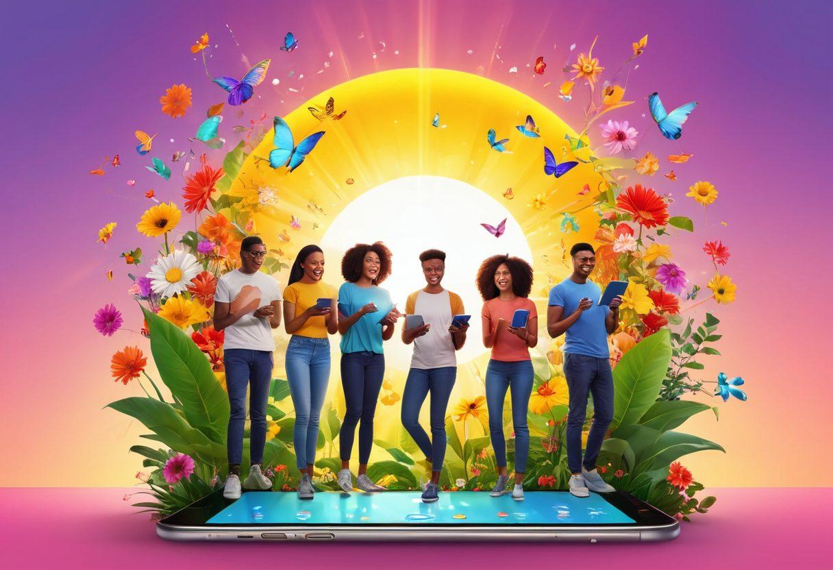 A vibrant digital collage showcasing a diverse group of people engaged in joyful activities while using various apps on their devices. The background features colorful app icons symbolizing positivity and mindfulness, with rays of sunshine illuminating their expressions. Include elements of nature such as plants and flowers to represent growth and transformation. Dynamic and uplifting atmosphere. vector art. bright colors. 3D elements.